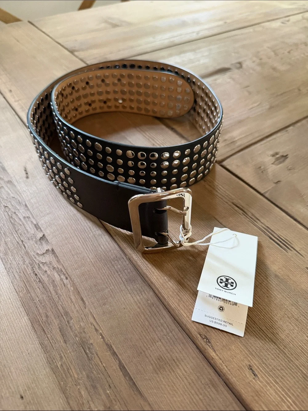Tory Burch Black Leather Studded Belt with Silver Hardware